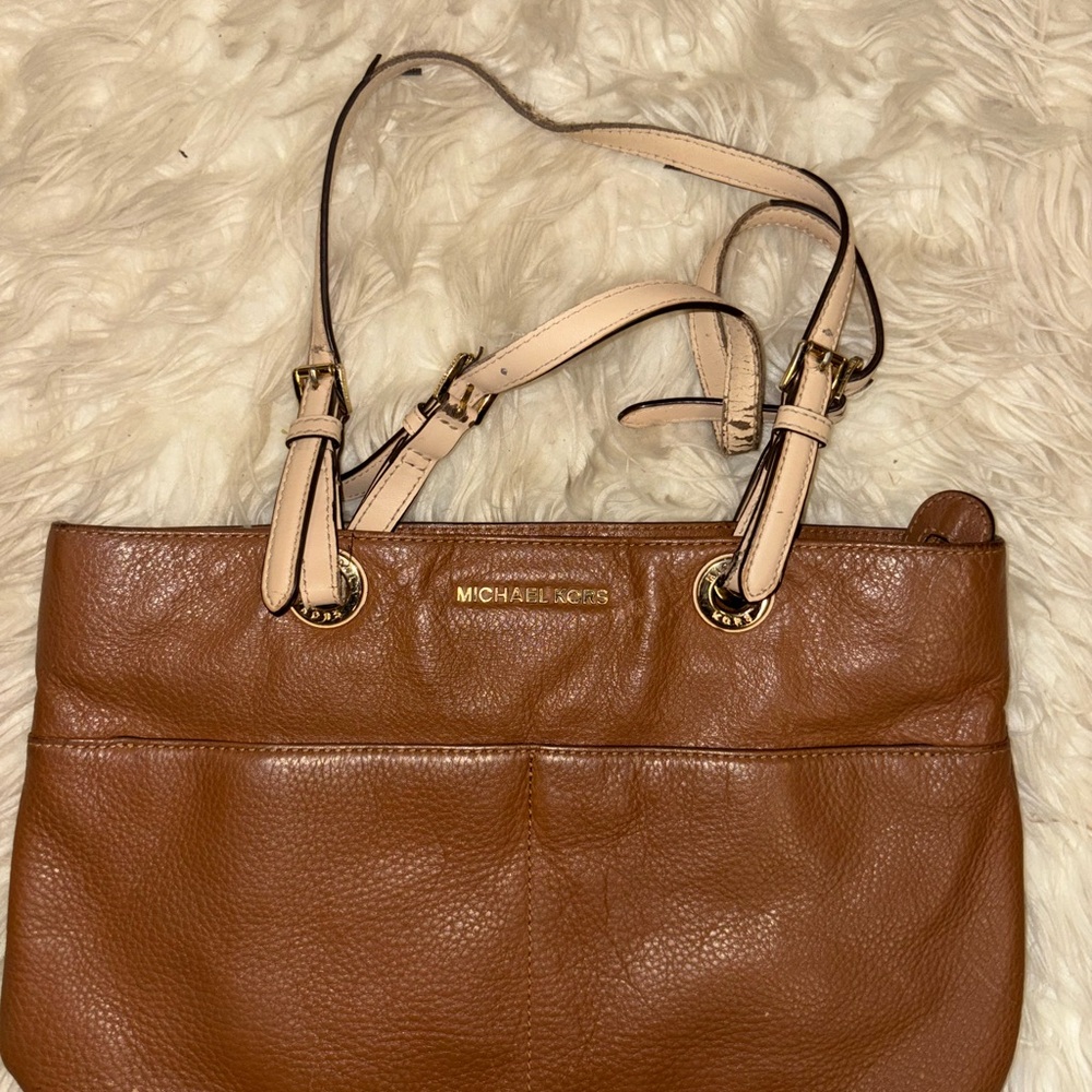 MICHAEL Michael Kors Chestnut Brown Leather Tote with Cream Handles